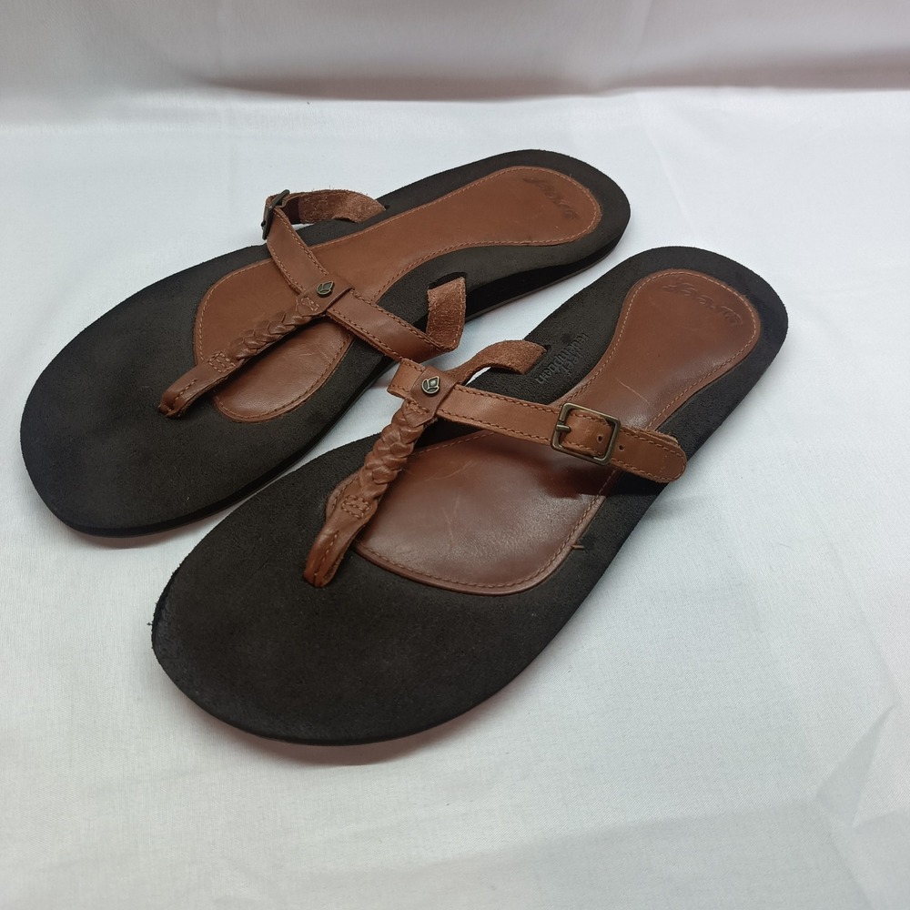 Reef Redemption Brown Leather Braided T-Strap Buckle Flip Flop Sandals Womens 11
